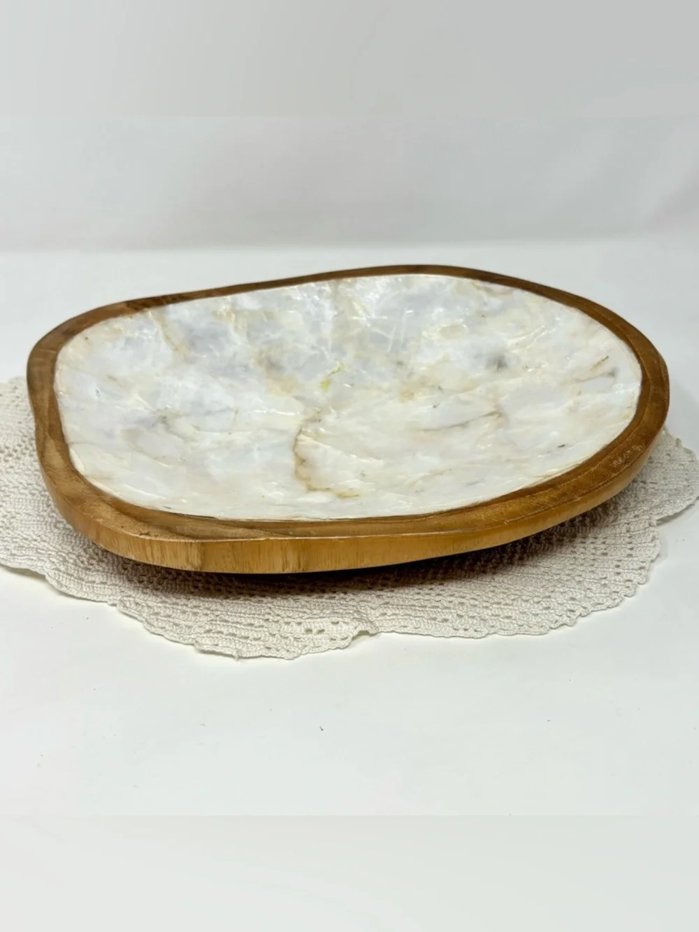 Pier 1 Mother Of Pearl Teak Wood Trinket Dish Decorative Bowl Beachy Bohemian